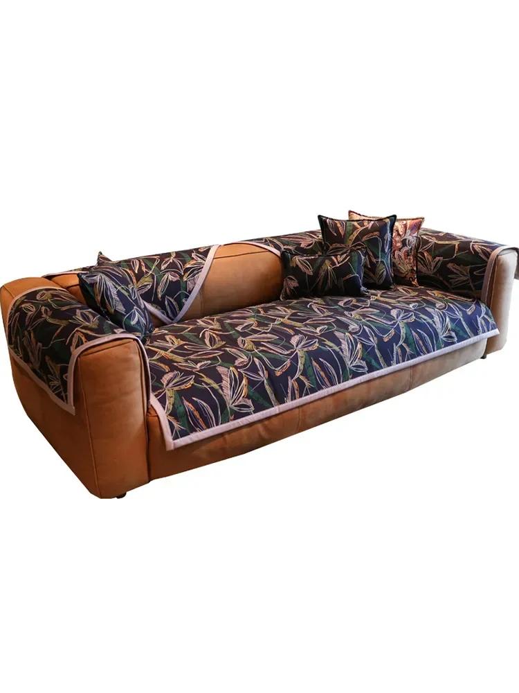 Plant Floral Pattern Sofa Cover All Season Chenille Settee Cushion Anti Slip Dustproof Printing Sofa Towel Pillowcase
