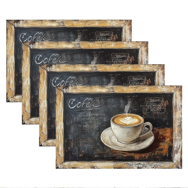 4pcs Set Coffee Cup and Blackboard Decorative Placemats 12x18 Inches, Suitable for Kitchen Dining Room Decoration, Home Dinner Table Decor, Party