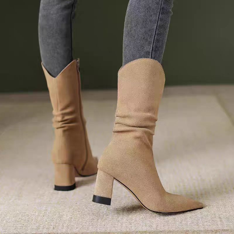 Fashion 2024 Autumn/Winter New French Style Suede Elastic Skinny Boots Not Over Knee Knight Middle Heel Thick Heel Women's Boots