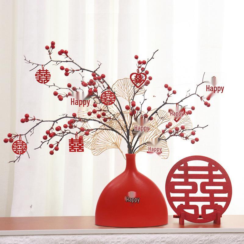 Red Berry Bonsai Scene Ornament for Wedding and Living Room Decor