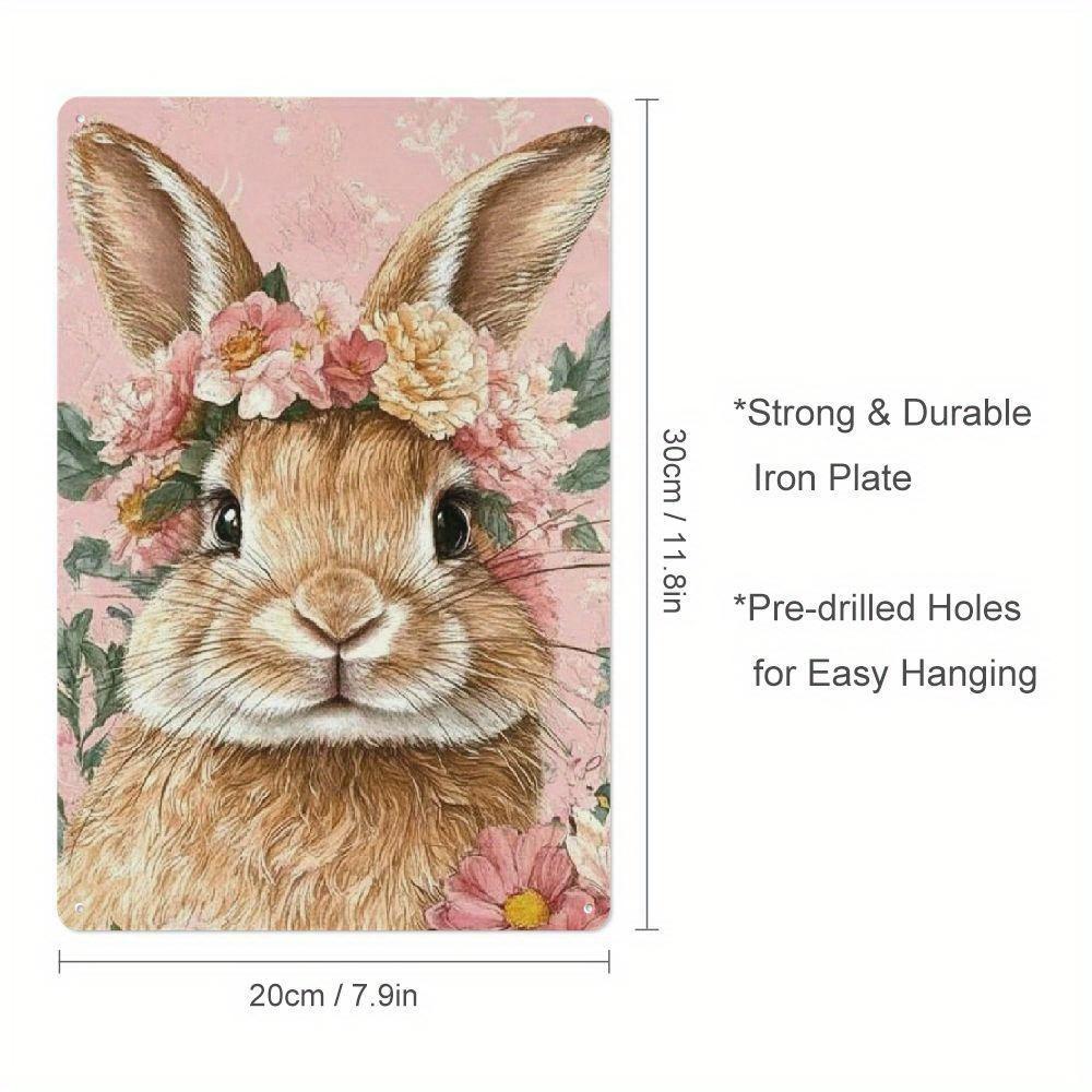 x Inch Vintage Pink Background Bunny Tin Sign Easter Wreath Design Home Kitchen Wall Decor