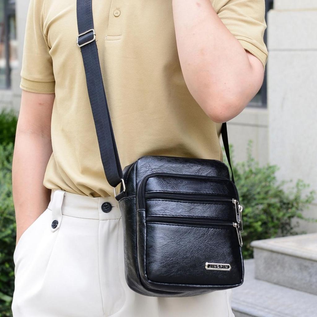 Men Shoulder Bag Waterproof Large Capacity Messenger Bag Adjustable Strap Outdoor Travel PU Leather Casual Simple All-Match Bags