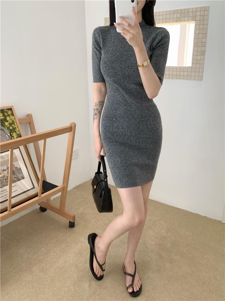 

Mature Woman Heather Grey Knit Dress - Summer Slimming Style, Hip-Hugging with Half-High Collar and Cinched Waist, Sexy Short Skirt. Medium