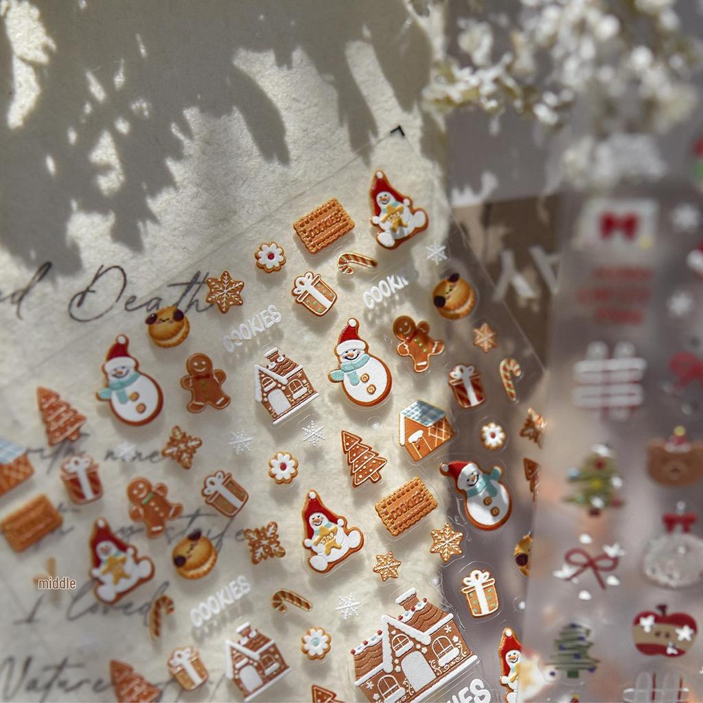 Tomoni 3D Embossed Winter Nail Stickers: Gingerbread Man Cookie Designs for Kids