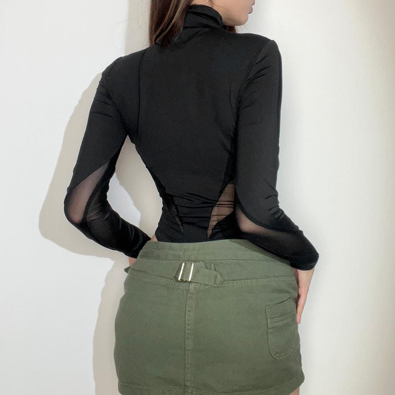 Mesh Splicing See Through Sexy Bodysuits Women Fashion Slim Long Sleeve Jumpsuit Women Playsuits Skinny Mesh Patchwork Vacation Skinny Rompers 24303