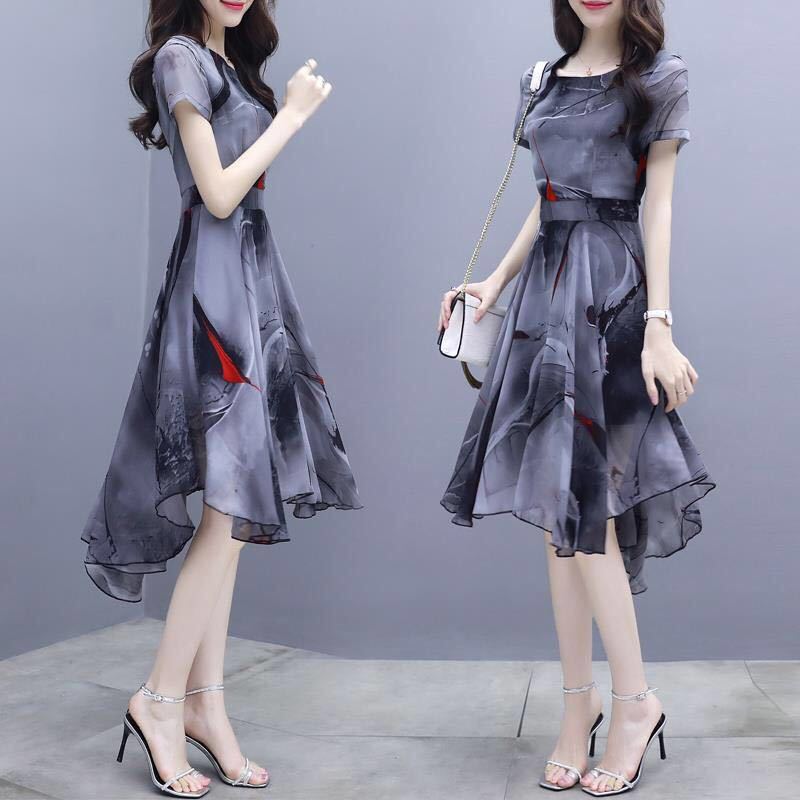 2026 Summer New Dress Women's Short-sleeved Korean Version Slim and Thin Printed Imitation Chiffon Dovetail Skirt Fairy Skirt