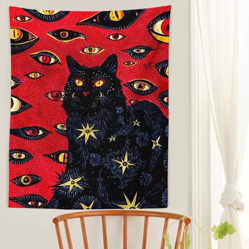 

VIKAMA Mysterious Black Cat Art Tapestry Red Background Starry Sky Pattern Gothic Fantasy Wall Decoration Room Decoration 73x95cm(2.4x3.1FT