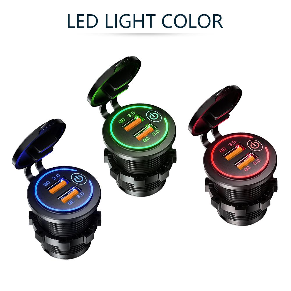 Quick Charge 3.0 Dual USB Fast Car Charger Socket 60W Waterproof 12V/24V Power Outlet with Touch Switch & Led Light Waterproof
