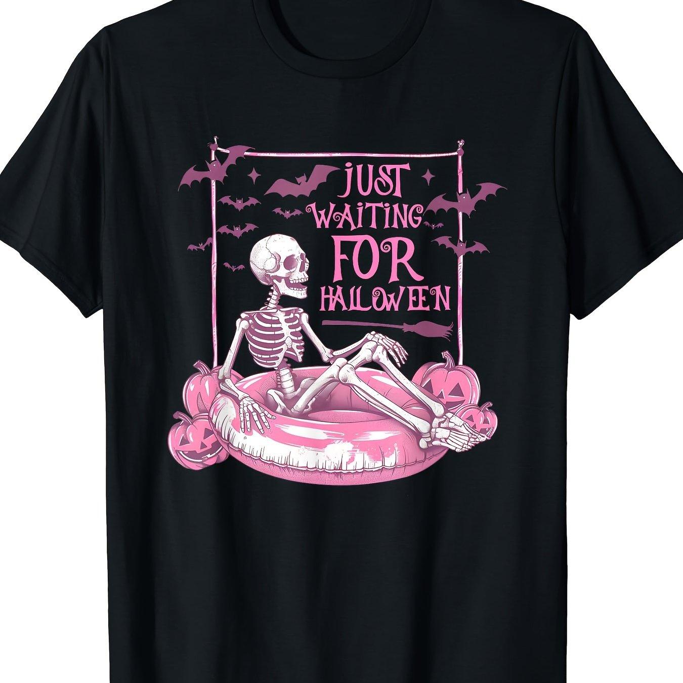 Skeleton Relaxing in Pink Inner Tube Just Waiting For Halloween Graphic Tee Casual TShirt S