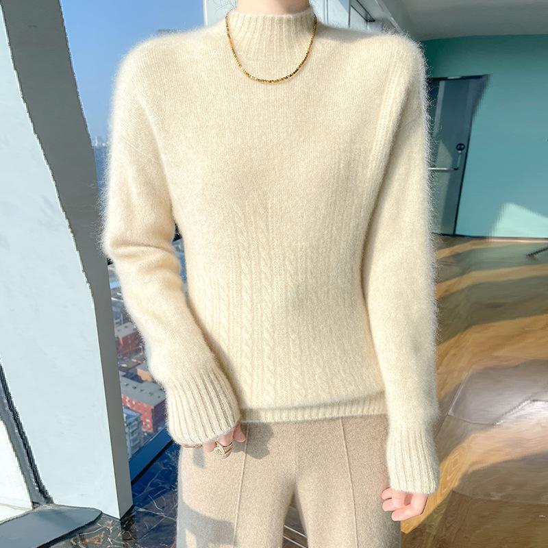 Autumn and Winter Half-high Neck Thickened Cardigan for Women Fashion Versatile Warm Knitted Sweater Soft and Glutinous Skin-friendly Pullover Top