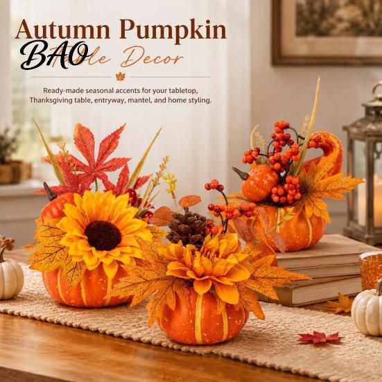 Autumn Mantle Decor Artificial Pumpkin Table Centerpiece with Sunflowers Maple Leaves And Pine Harvest Ornaments Cones, Halloween Foam Ornament,