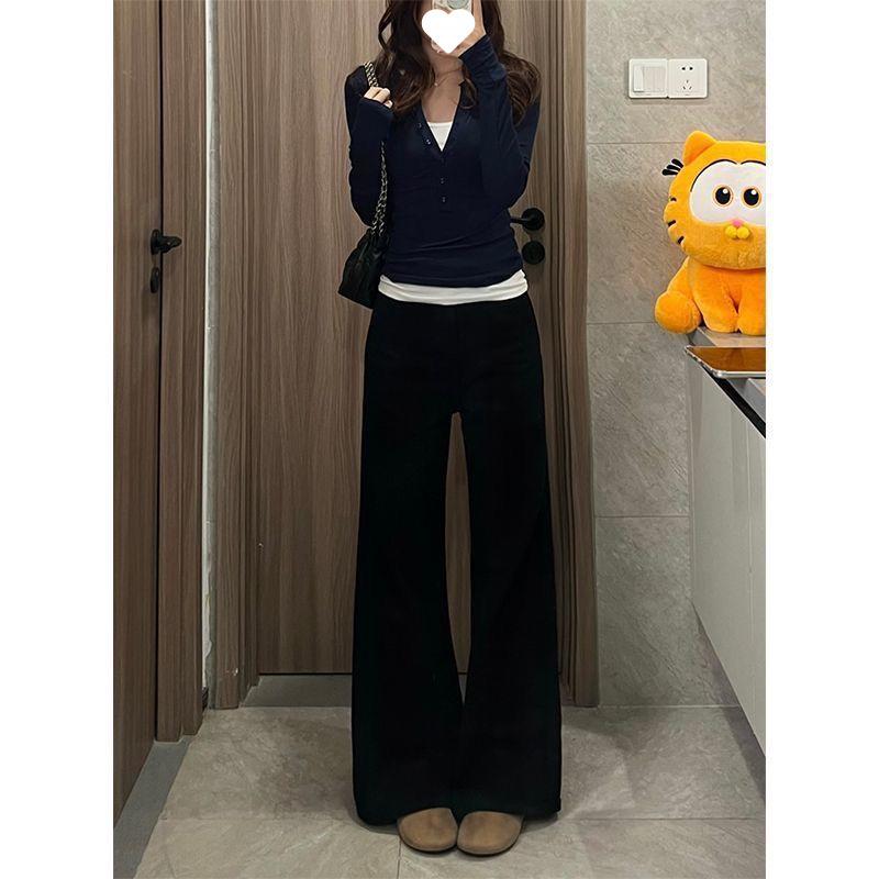 Plus Size Black Fleece-Lined Micro-Flare Jeans for Women, Floor-Length, Petite Friendly, Autumn/Winter. XL