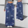 Women Floral Rhinestone Embellished Wide Leg Jeans High Waisted Casual Denim Pants