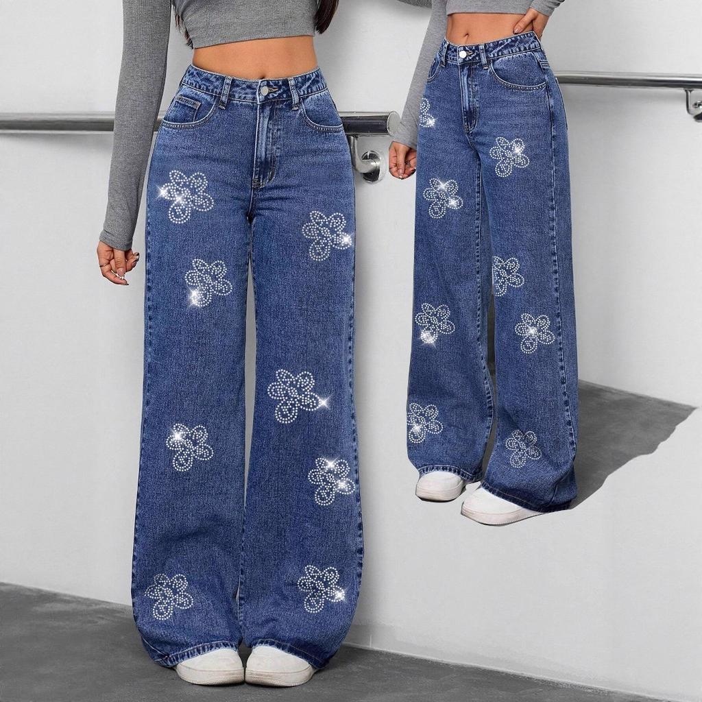 Women Floral Rhinestone Embellished Wide Leg Jeans High Waisted Casual Denim Pants