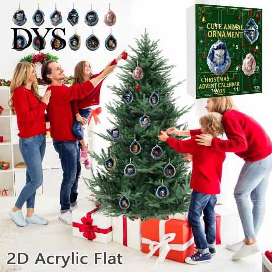 Christmas Advent Calendar Geode Animal 2025 2D Acrylic Forest Animals Tree Hanging Charms Xmas Ornaments 12 Days Countdown for Holiday Decor Gifts