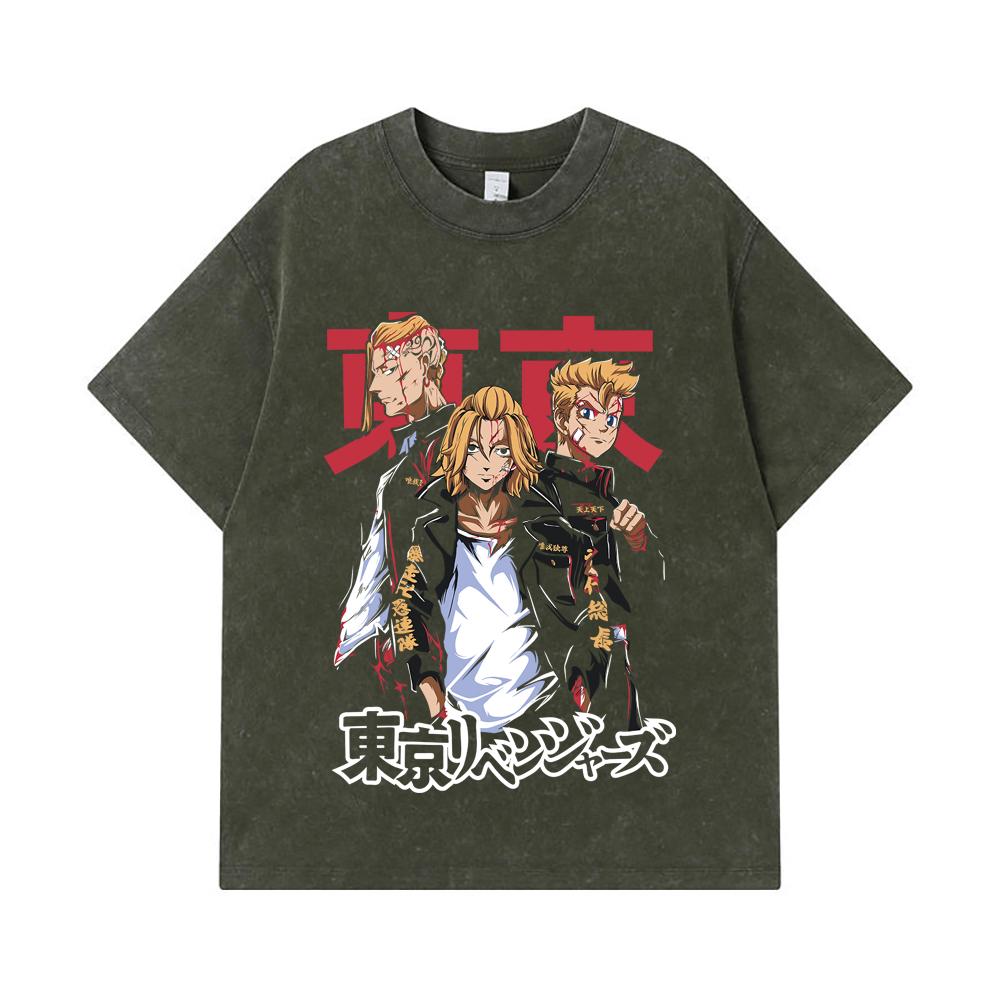 275 GSM Washed T-shirts 100% Cotton Tokyo Revengers V1 Print Unisex Heavy Cotton T Shirt S армия зеленый