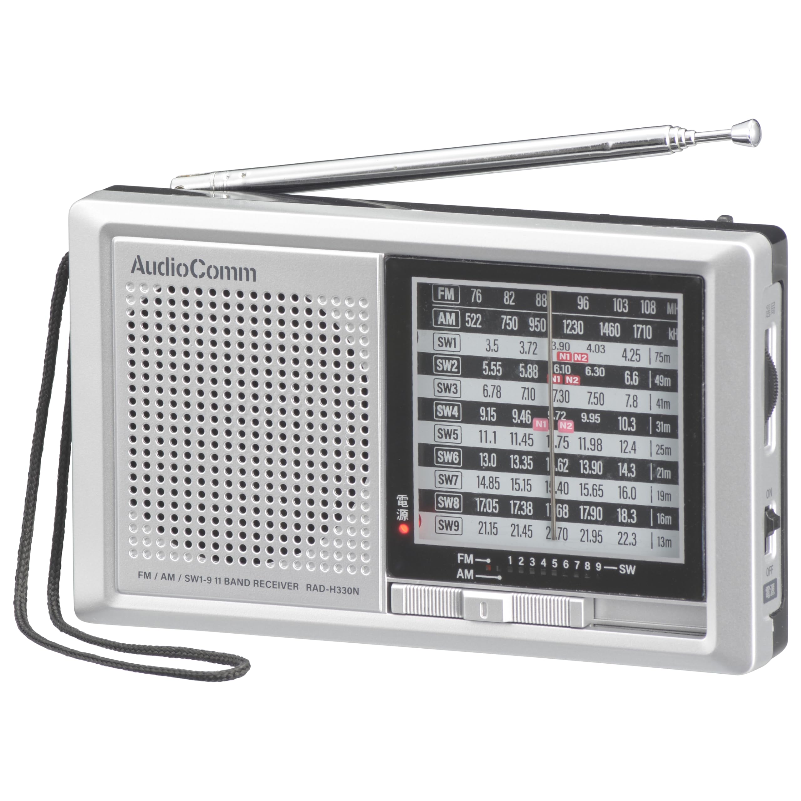 

Ohm Electric AudioComm Radio Shortwave Radio Radio Nikkei Handy Radio Wide FM Battery Operated AC Powered 2WAY OHM AM/FM/SW1-9 RAD-H330N 03-5570 срібний