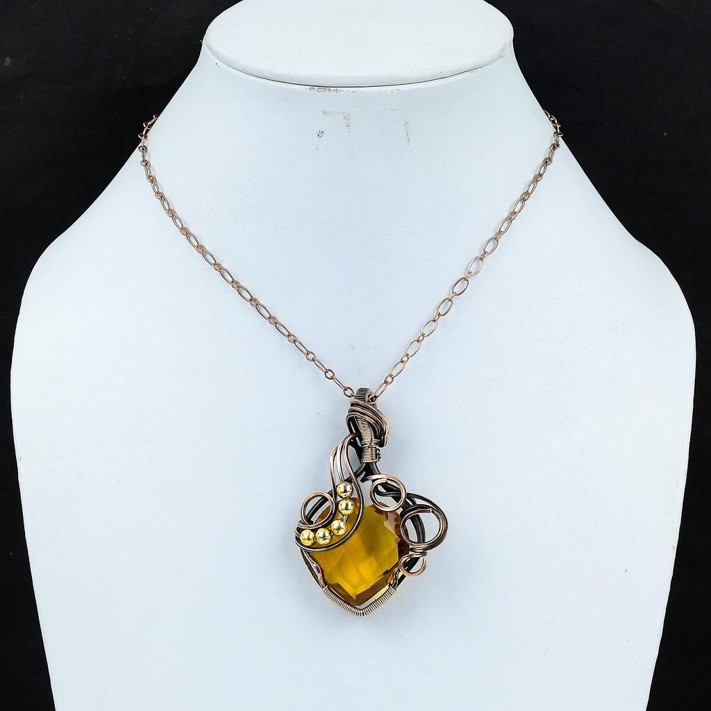 Citrine Gemstone Handmade Pure Copper Wire Wrapped Pendant Jewelry For Memorial Day