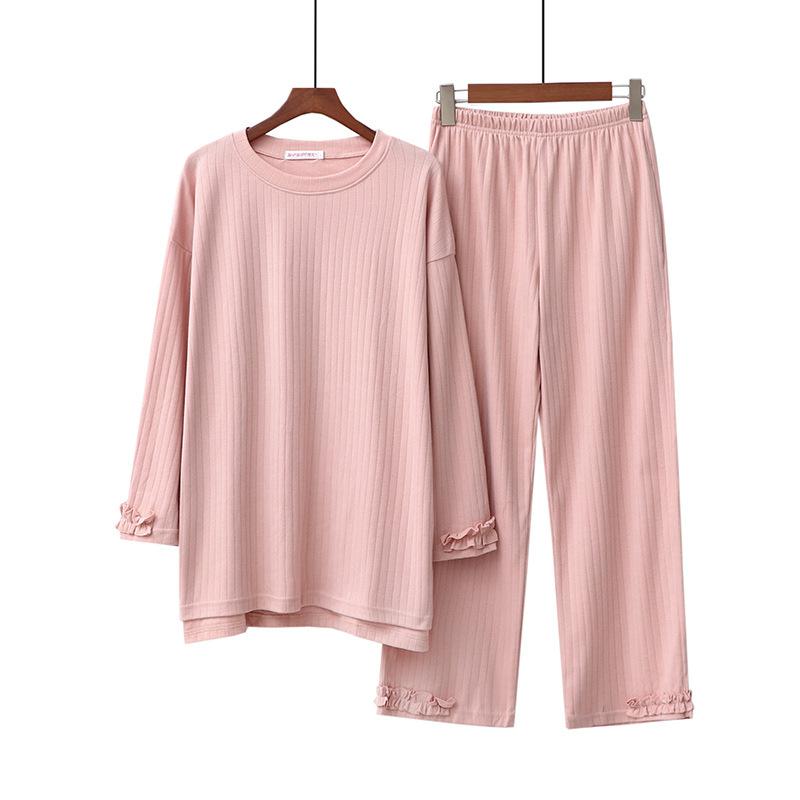 Spring and summer new skin-friendly cotton round neck loose large size home solid color textured pajamas set women's leisure pure cotton comfortable