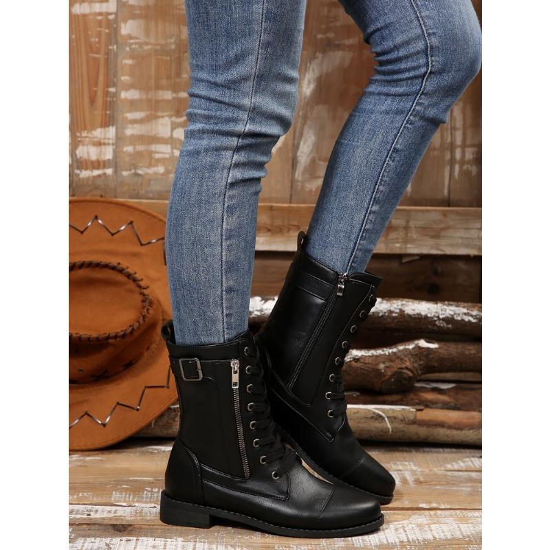 Women's Plus Size Mid-Calf Martin Boots New Autumn Winter Block Heel Lace Up Leather Ankle Boots with Side Zip