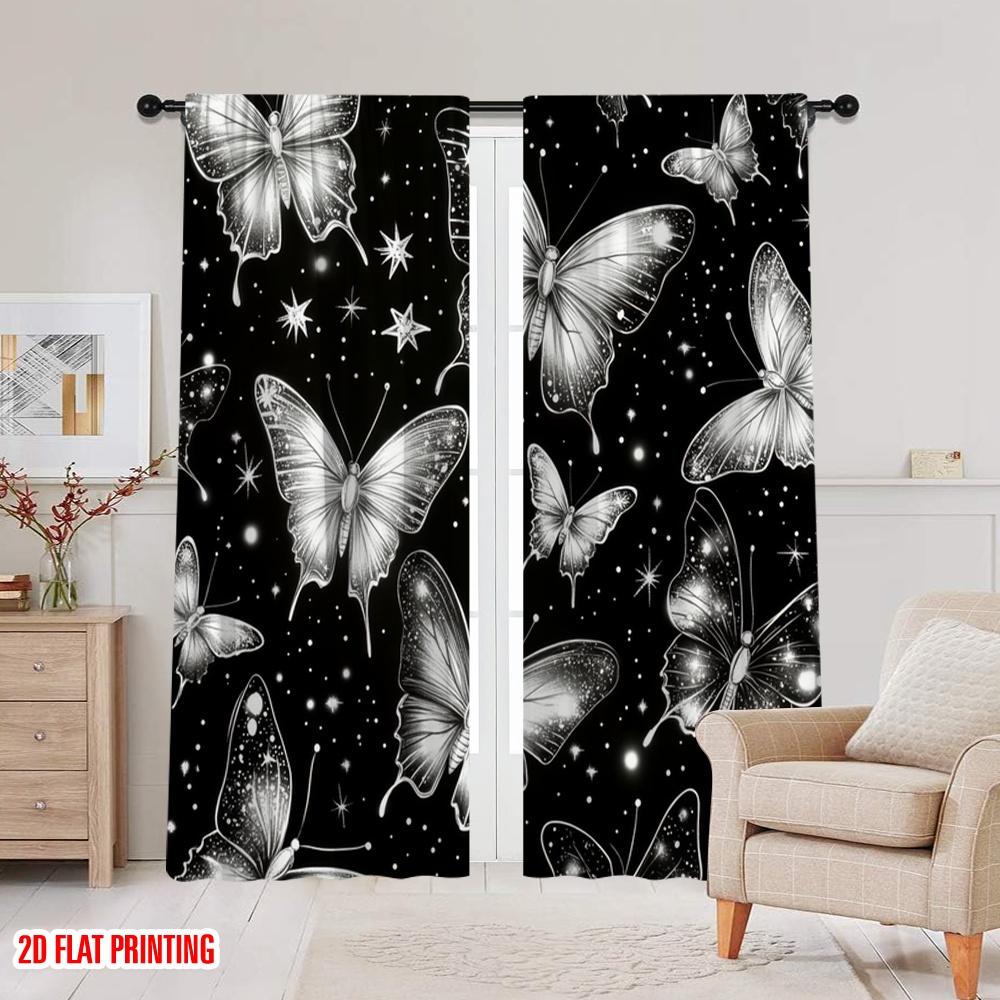 2pcs,2D plane printing Window Curtain Starlit Butterflies Durable 100% Polyester Fabric (without rod) Decorations Inside for
