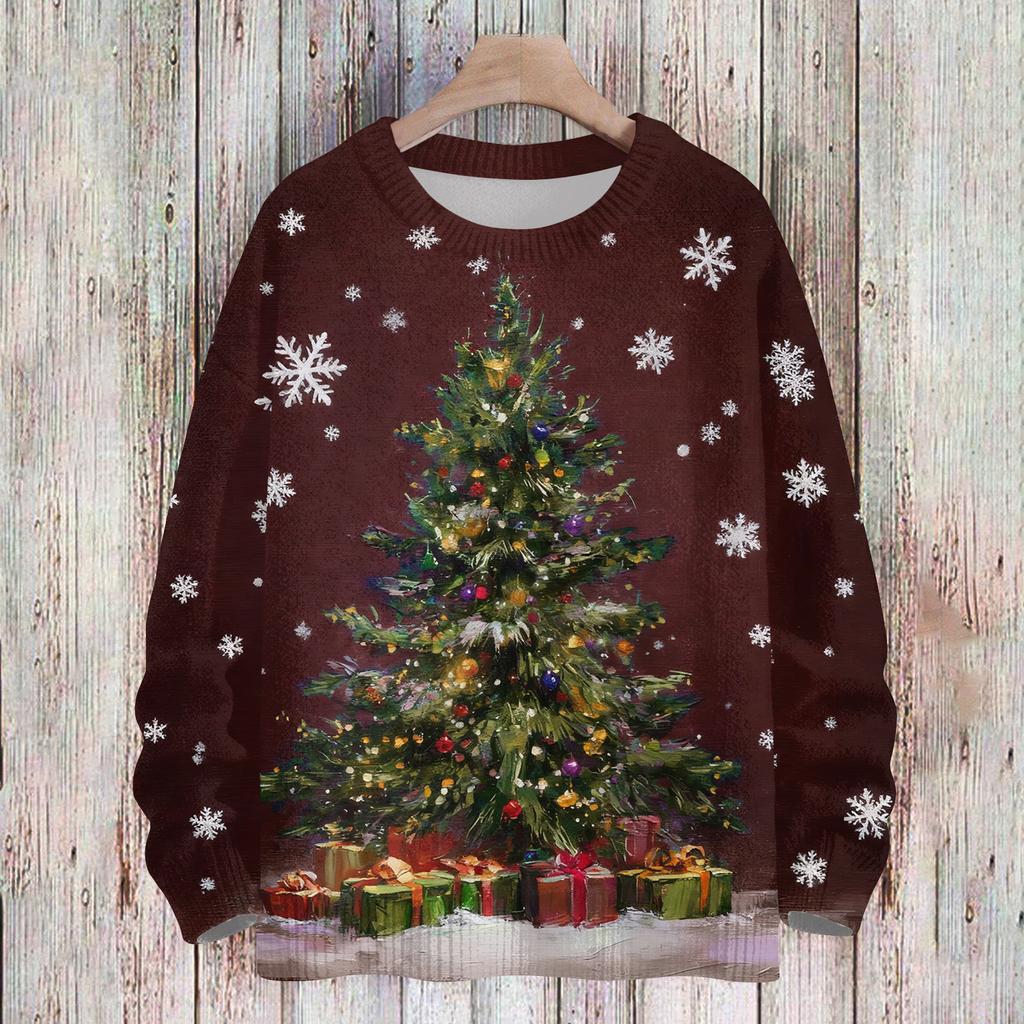 Ladies' Fashionable And Casual Christmas Cute Printed Round Neck Long Sleeved Knitted Yarn