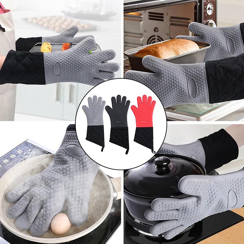 1/2Pcs Silicone Microwave Gloves Oven Mitts Heat Resistant BBQ Gloves With Cotton Lining Anti-Scalding Baking Gloves For Kitchen
