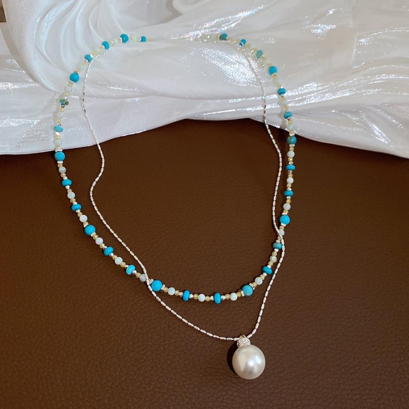 Zircon opal pearl beaded round double-layer necklace exquisite niche light luxury collarbone chain high-end neck chain female