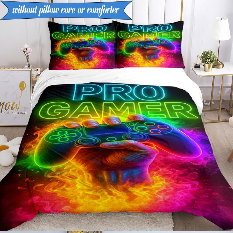 3PCS Neon Game Over Art Bedding Set,Including 1pc Duvet Cover And 2pcs Pillowcases Perfect for Bedroom, Dormitory, Fan Christmas Gift