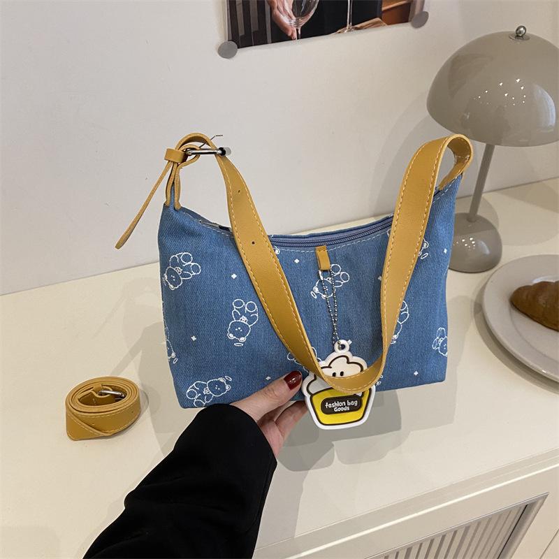 

Корейская версия одноплечной 2025 весна простая повседневная портативная милая джинсовая маленькая квадратная сумка с принтом кошки темно-синяя светло-синий