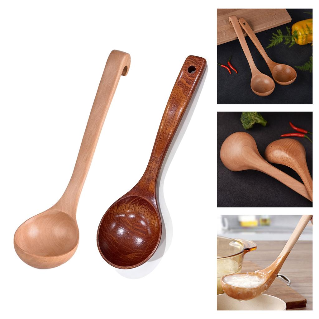 Ergonomic Wooden Spoon Ladle Kitchen Tool Long Hook-End Handle For Cooking Heatproof Design Ideal For Family Meals