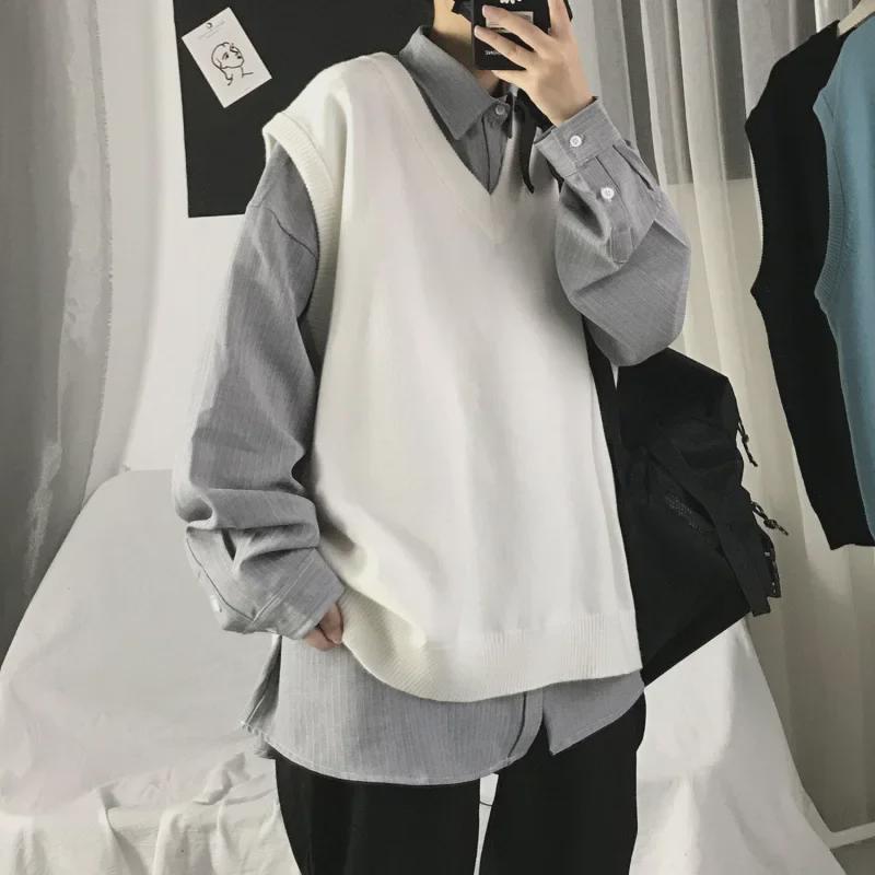 Men's Casual Sleeveless V-Neck Sweater Vest - Japanese & Korean Style for Spring/Autumn