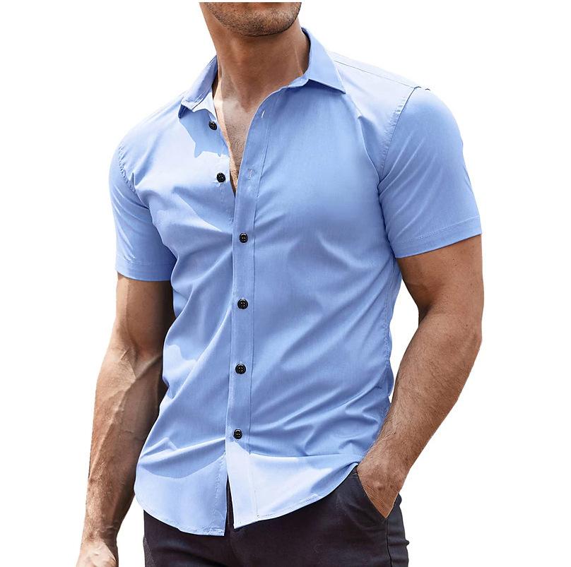 Men's Slim Fit Solid Color Short Sleeve Cardigan Shirt - Casual European and American Teen Style