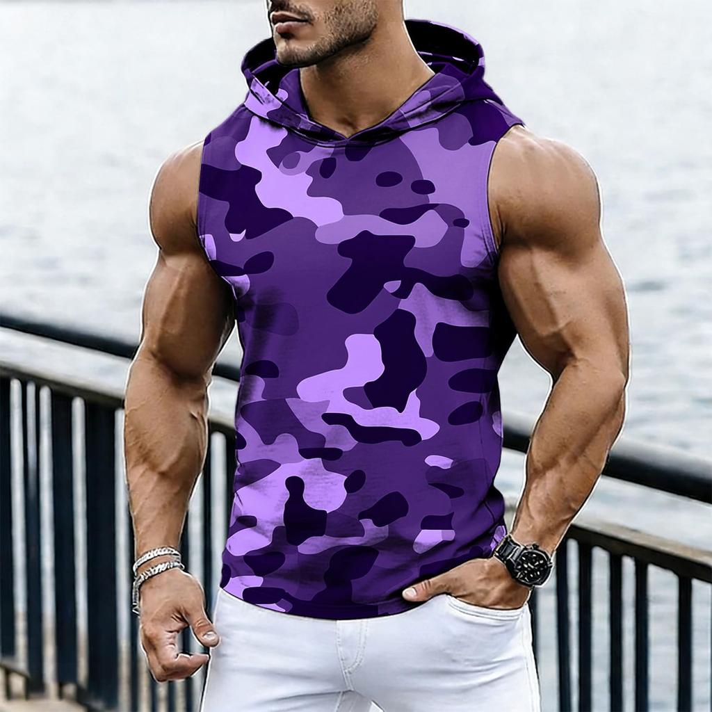 Men's Casual Fashion Printed Sleeveless Hooded Tops | Lightweight Summer Hooded Tank Tops