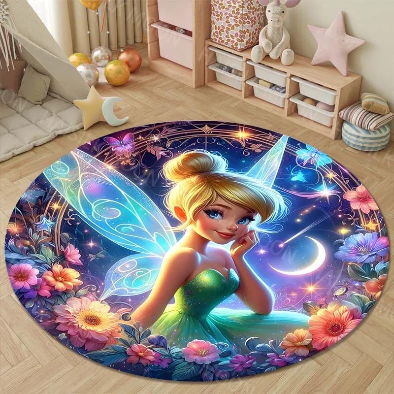 Various Styles and Sizes Tinker Bell Printed Cartoon Round Carpet for Kids Living Room Rug Picnic Mat Flannel Anti-Slip Rug Gift