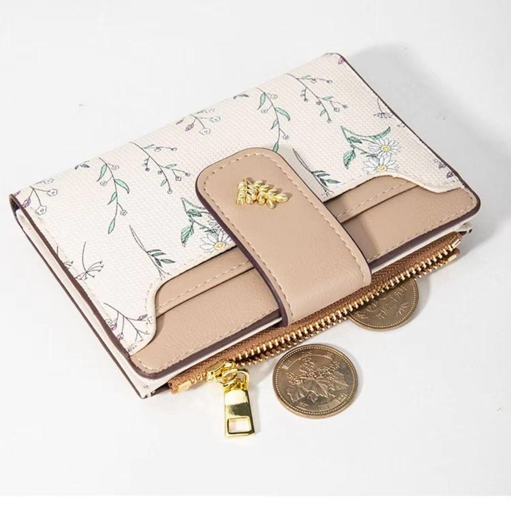 Slim PU Leather Short Wallet INS Multi-Cards Zipper Coin Purse Hasp Small Flowers Card Bag Wallet Zipper Hasp For Women Girl