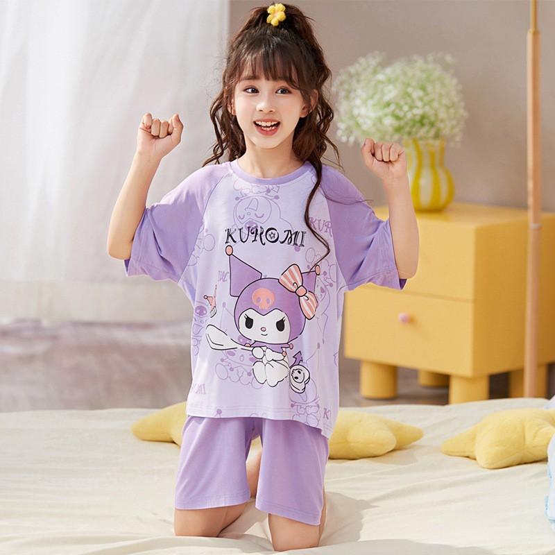 Girls Modal Cotton Pajama Set Short Sleeve Lightweight Sleepwear Cartoon Print Home Outfit Kids