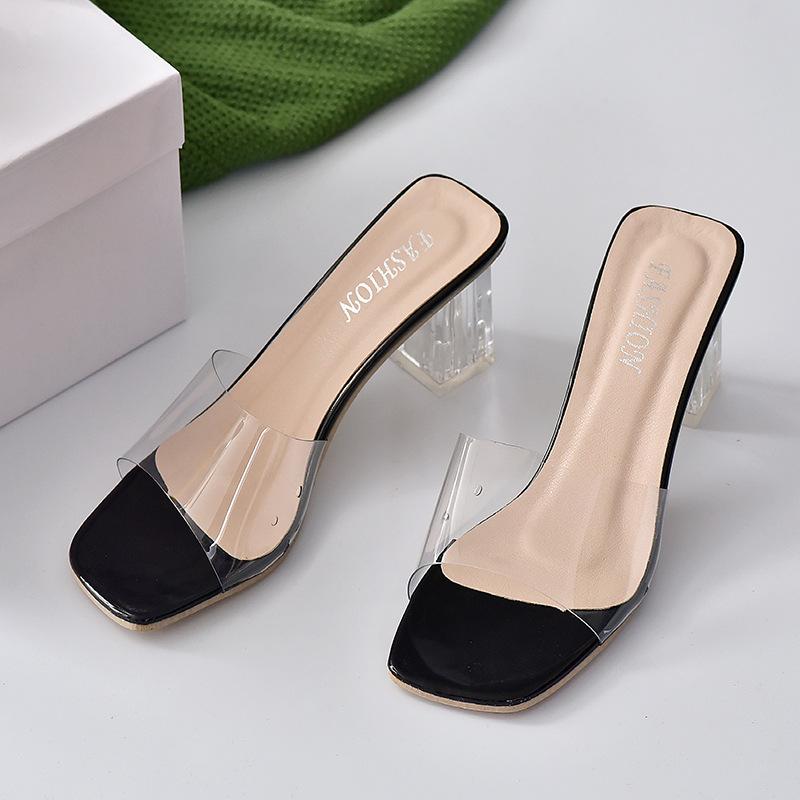 Summer 2020 New Korean Version Crystal Thick Heel with Transparent Cool Slippers Women 2025