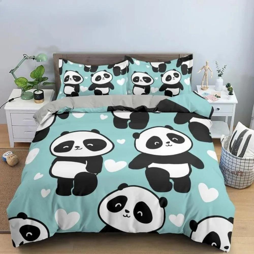 Cartoon Panda 3D Print Bedding Set White Kids Girls Duvet Cover Gift - 2/3pcs Twin Single Queen King Sizes Available