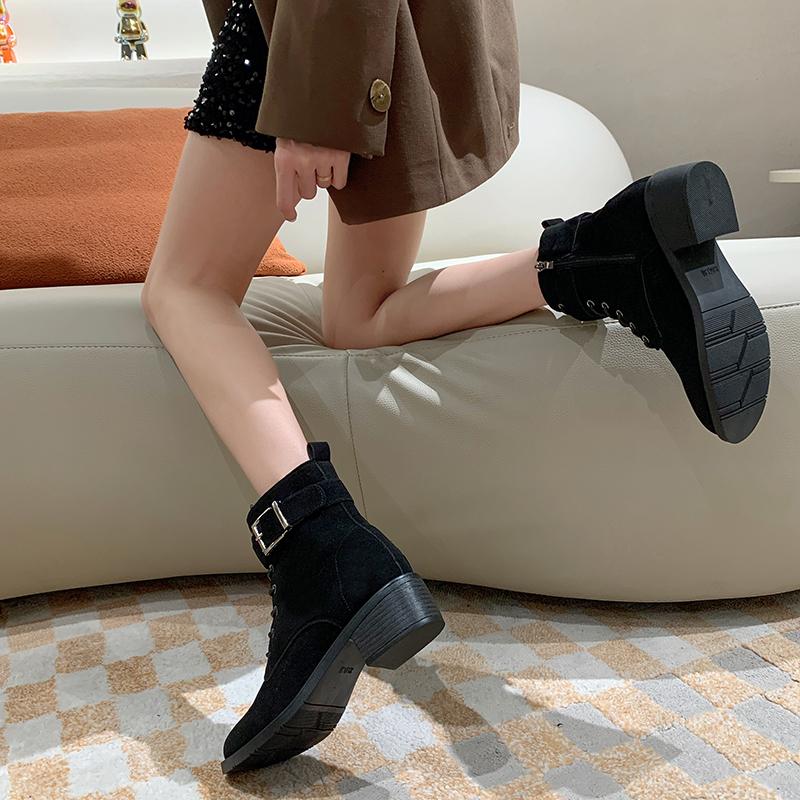 

Fashion 2024 Modern Boots Women Spring Autumn Cross-tied Zipper Thick Heels Belt Buckle Shoes Ankle Boots Classic Size 42 35 чёрный