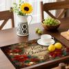 4/6pcs Vintage Christmas Poinsettia Placemats, Hand-Painted Merry Christmas with Red Berries and Green Pine Branches Linen Table Mats, Rich Oil Painti