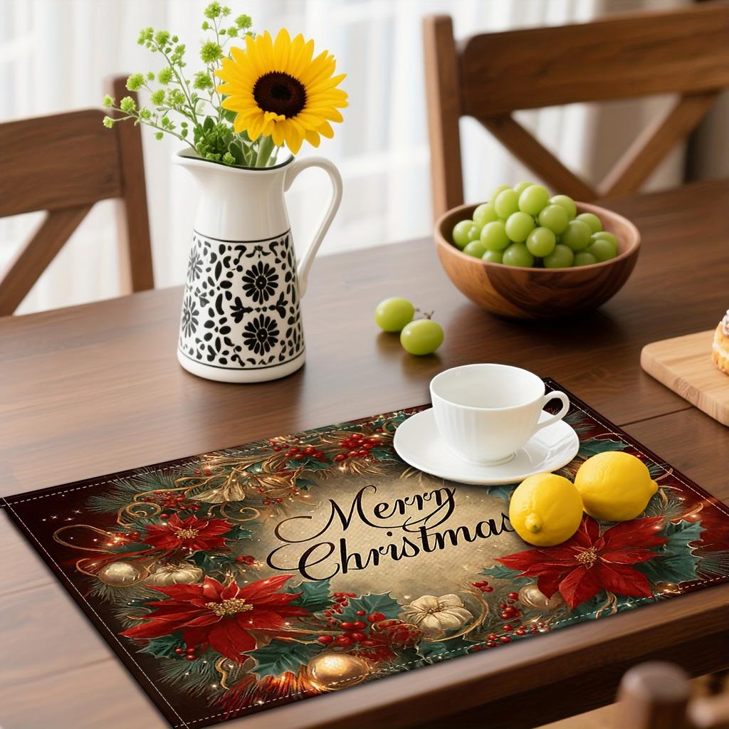 4/6pcs Vintage Christmas Poinsettia Placemats, Hand-Painted Merry Christmas with Red Berries and Green Pine Branches Linen Table Mats, Rich Oil Painti