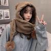 Women's Korean Style Versatile Knitted Hat Scarf Integrated Cute Pom Pom Ear Protection Thickened Warm Hat for Autumn Winter