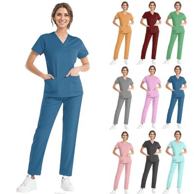 Women's Short Sleeve V Neck Solid Color Chest Pocket Work Top Elastic Waist Pants Two Piece Work Set,3 Pockets,Scrubs Tops For Women