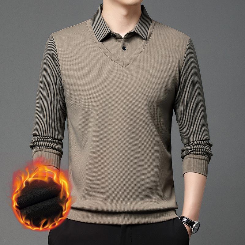 

Men s Striped Winter Lapel T-Shirt, Thick Warm Two-Piece Look for All Ages M