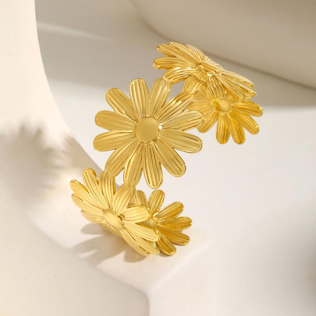 Exquisito Brazalete Abierto de Acero Inoxidable con Forma de Margarita para Mujer, Brazalete Dorado con Patrón Espiral, Joyería Impermeable Regalo