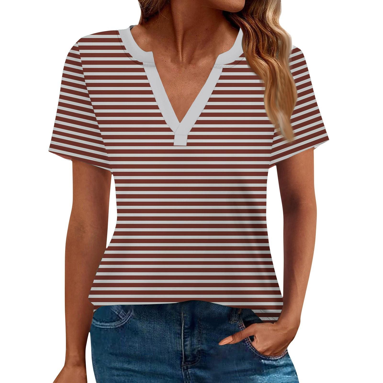 

Женская летняя полосатая рубашка с коротким рукавом и V-образным вырезом, деловая повседневная свободная футболка, трендовая модная одежда, топы XL арбуз красный