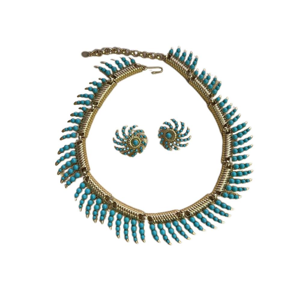 Vintage Cui Jia Luxusní Tyrkysový Náhrdelník a Sada Náušnic - Kolekce Ohňostrojů Letní Choker