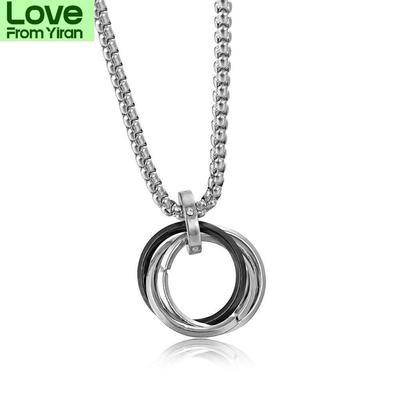 Fashion Double Rings Stainless Steel Pendant Interlocking Men Female Couple Necklace Long Chain Student Hip Hop Street Jewelry
