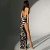 Sommer Europäischer und Amerikanischer Trend Mode Tiger Muster Großes Neckholder Netz Spleiß Hosenträger Kleid Hoher Schlitz Strandurlaubskleid
